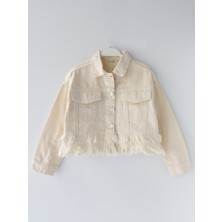 Püskül Detaylı Kız Çocuk Kısa Denim Crop Kot Ceket Ekru 001-0002113
