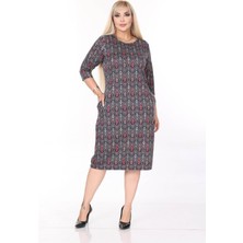 Çift Cepli Desenli Esnek Kışlık Büyük Beden Midi Elbise 44A-2701