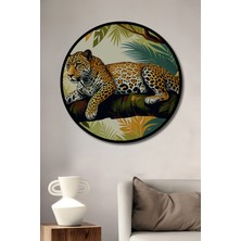 Çerçeve Görünümlü Tropikal Orman Leoparı Yağlı Boya Görünümlü Dekoratif Ahşap Ofis Yuvarlak Tablo