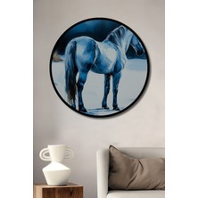 Çerçeve Görünümlü Beyaz At Kış Rüyası Yağlı Boya Görünümlü Dekoratif Ahşap Ofis Yuvarlak Tablo