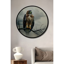 Çerçeve Görünümlü Yağlı Boya Görünümlü Dalda Oturan Kartal Ofis Dekoratif Ahşap Yuvarlak Tablosu