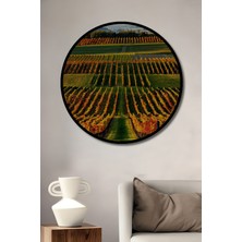 Çerçeve Görünümlü Altın Sarısı Üzüm Bağları Yağlı Boya Görünümlü Ahşap Ofis Yuvarlak Tablo