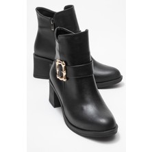 Kadın Büyük Altın Tokalı Topuklu Bot Siyah Cilt