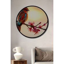 Çerçeve Görünümlü Sakura Dalında Renkli Kuş Yağlı Boya Görünümlü Ahşap Ofis Yuvarlak Tablo