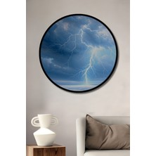 Çerçeve Görünümlü Gökyüzü Şimşek Fırtınası Yağlı Boya Görünümlü Dekoratif Ahşap Ofis Yuvarlak Tablo