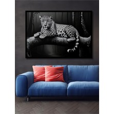 Çerçeve Görünümlü Ormanda Dinlenen Leopar Yağlı Boya Görünümlü Dekoratif Ahşap Ofis Kare Tablo