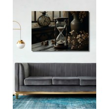 Eski Zaman Kum Saati Çiçekler Yağlı Boya Görünümlü Dekoratif Ahşap Ev/işyeri/ofis Kare Tablo