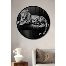 Çerçeve Görünümlü Ormanda Dinlenen Leopar Yağlı Boya Görünümlü Dekoratif Ahşap Ofis Yuvarlak Tablo
