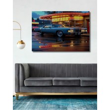 Neon Işıkları Altında Klasik Araba Yağlı Boya Görünümlü Dekoratif Ahşap Ev/işyeri/ofis Kare Tablo