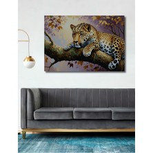 Ağaçta Yatan Leopar Yağlı Boya Görünümlü Ev/işyeri/ofis Dekoratif Ahşap Kare Tablo