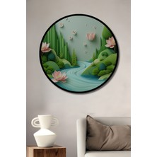 Çerçeve Görünümlü Pastel Tonlarda Lotus Çiçekleri ve Nehir Manzarası Ahşap Ofis Yuvarlak Tablo