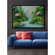Çerçeve Görünümlü Pastel Tonlarda Lotus Çiçekleri ve Nehir Manzarası Ahşap Ofis Kare Tablo