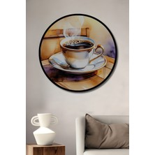 Çerçeve Görünümlü Dumanı Tüten Kahve Keyfi Sulu Boya Görünümlü Dekoratif Ahşap Ofis Yuvarlak Tablo