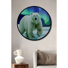 Çerçeve Görünümlü Kutup Ayısı ve Kuzey Işıkları Yağlı Boya Görünümlü Ofis Ahşap Yuvarlak Tablo