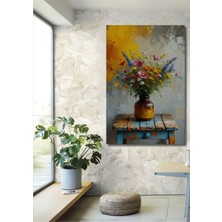 Vazoda Renkli Kır Çiçekleri Yağlı Boya Görünümlü Dekoratif Ahşap Ev/işyeri/ofis Kare Tablo