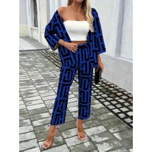 Tex Nova Kadın Uzun Kollu Önü Açık Desenli Iki Iplik Ceket ve Pantolon Ikili Takım