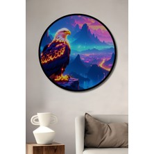 Çerçeve Görünümlü Neon Işıltılı Kartal Manzarası Yağlı Boya Görünümlü Ahşap Ofis Yuvarlak Tablo