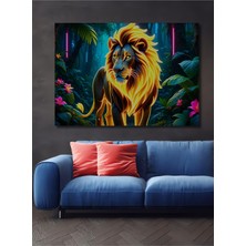 Neon Işıltılı Aslan Orman Yağlı Boya Görünümlü Ev/işyeri/ofis Dekoratif Ahşap Kare Tablo