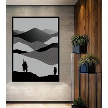 Çerçeve Görünümlü Siyah Beyaz Dağlar ve Askerler Minimalist Işyeri/ofis Dekoratif Ahşap Kare Tablo