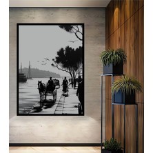 Çerçeve Görünümlü Istanbul Nostaljik At Arabası Siyah Beyaz Görünümlü Ahşap Ofis Kare Tablo