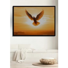Çerçeve Görünümlü Gün Batımında Uçan Güvercin Yağlı Boya Görünümlü Dekoratif Ahşap Ofis Kare Tablo
