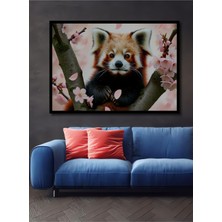 Çerçeve Görünümlü Kiraz Çiçekleri Arasında Kızıl Panda Yağlı Boya Görünümlü Ahşap Ofis Kare Tablo