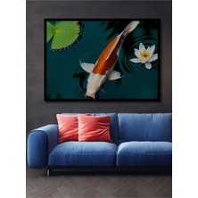 Çerçeve Görünümlü Koi Balığı ve Nilüfer Çiçeği Yağlı Boya Görünümlü Ofis Dekoratif Ahşap Kare Tablo