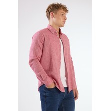 Kırmızı Keten Düz Renk Regular Fit Erkek Gömlek