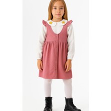 Kız Çocuk Pembe Askılı Fitilli Elbise Takım – Çiçek Işlemeli Yaka Detaylı BLUZ-1554-P