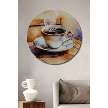 Dumanı Tüten Kahve Keyfi Sulu Boya Görünümlü Dekoratif Ahşap Ev/işyeri/ofis Yuvarlak Tablo