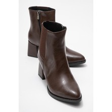 Kadın Sade Lastikli Sivri Burunlu Topuklu Bot Kahve Cilt