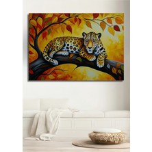 Ağaç Dalında Yatan Jaguar Yağlı Boya Görünümlü Ev/işyeri/ofis Dekoratif Ahşap Kare Tablo