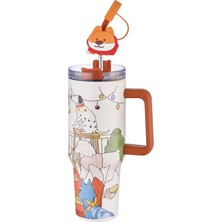 Diller 1200ML Yeni Koleksiyon Sevimli Hayvanlar Tumbler Pipetli/pipetsiz Kulplu Paslanmaz Çelik Termos