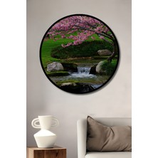 Çerçeve Görünümlü Pembe Bahar Çiçekleri Sulu Boya Görünümlü Dekoratif Ahşap Ofis Yuvarlak Tablo