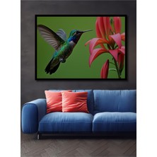 Çerçeve Görünümlü Sulu Boya Görünümlü Kolibri Kuşu ve Çiçek Ahengi Dekoratif Ahşap Ofis Kare Tablo