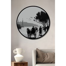 Çerçeve Görünümlü Istanbul Nostaljik At Arabası Siyah Beyaz Görünümlü Ahşap Ofis Yuvarlak Tablo