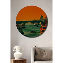 Köprü ve Tekne Manzaralı Yağlı Boya Görünümlü Dekoratif Ahşap Ev/işyeri/ofis Yuvarlak Tablo