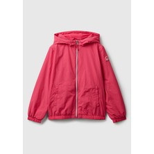 Kız Çocuk Fuşya Simli Logo Detaylı Cepli Kapüşonlu Jarse Yağmurluk