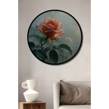 Çerçeve Görünümlü Nefes Kesen Pembe Gül Yağlı Boya Görünümlü Dekoratif Ahşap Ofis Yuvarlak Tablo