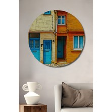Turkuaz Kapılı Evler Yağlı Boya Görünümlü Dekoratif Ahşap Ev/işyeri/ofis Yuvarlak Tablo
