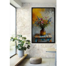 Çerçeve Görünümlü Vazoda Renkli Kır Çiçekleri Yağlı Boya Görünümlü Dekoratif Ahşap Ofis Kare Tablo