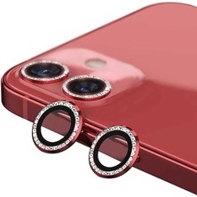 (Kaliteyi Bozmaz) iPhone 11 / 12 / 12 Mini Uyumlu Taşlı Kırmızı Metal Çerçeveli Kamera Lensi Koruyucu