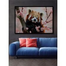 Çerçeve Görünümlü Kiraz Çiçekleri Arasında Kızıl Panda Yağlı Boya Görünümlü Ahşap Ofis Kare Tablo