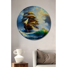 Altın Yelkenli Fırtına Yağlı Boya Görünümlü Dekoratif Ahşap Ev/işyeri/ofis Yuvarlak Tablo