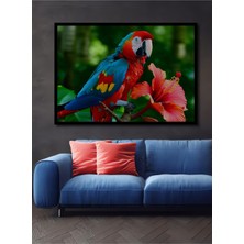Çerçeve Görünümlü Tropikal Papağan ve Hibiskus Çiçeği Yağlı Boya Görünümlü Ofis Ahşap Kare Tablo