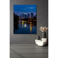 Şehir Işıkları Nehir Yansıması Yağlı Boya Görünümlü Dekoratif Ahşap Ev/işyeri/ofis Kare Tablo