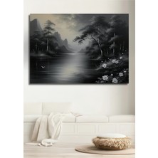 Siyah Beyaz Göl Manzarası Yağlı Boya Görünümlü Dekoratif Ahşap Dekoratif Ev/işyeri/ofis Kare Tablo