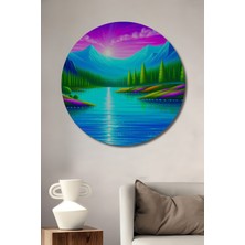 Neon Renkli Dağlar ve Göl Yağlı Boya Görünümlü Dekoratif Ahşap Ev/işyeri/ofis Yuvarlak Tablo