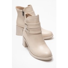 Kadın Çift Kemerli Taşlı Topuklu Bot Bej Cilt