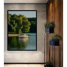 Çerçeve Görünümlü Huzurlu Göl Kenarı Tekne Manzarası Dekoratif Ahşap Ev/işyeri/ofis Kare Tablo